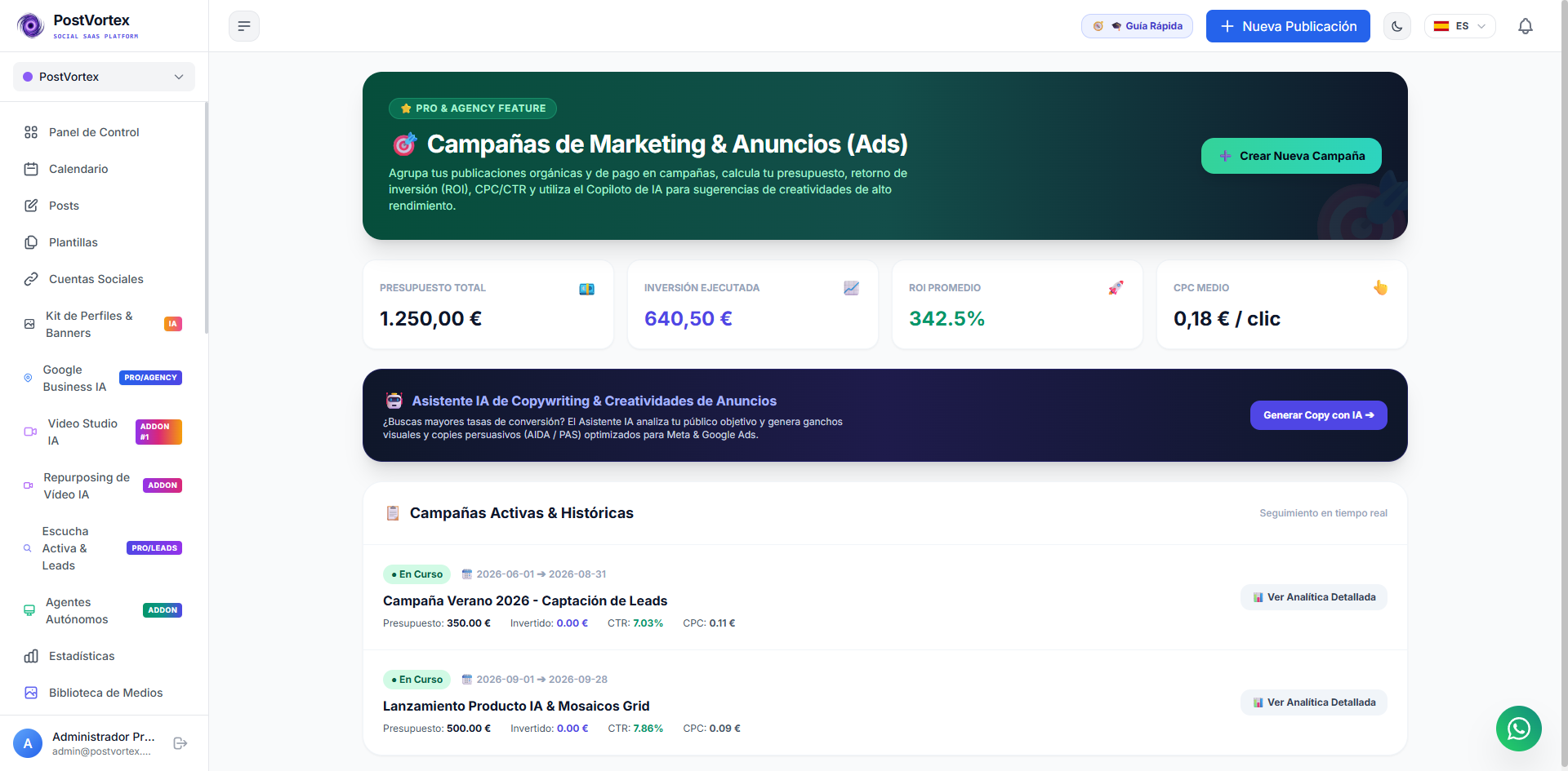 Gestión de Campañas y Ads PostVortex